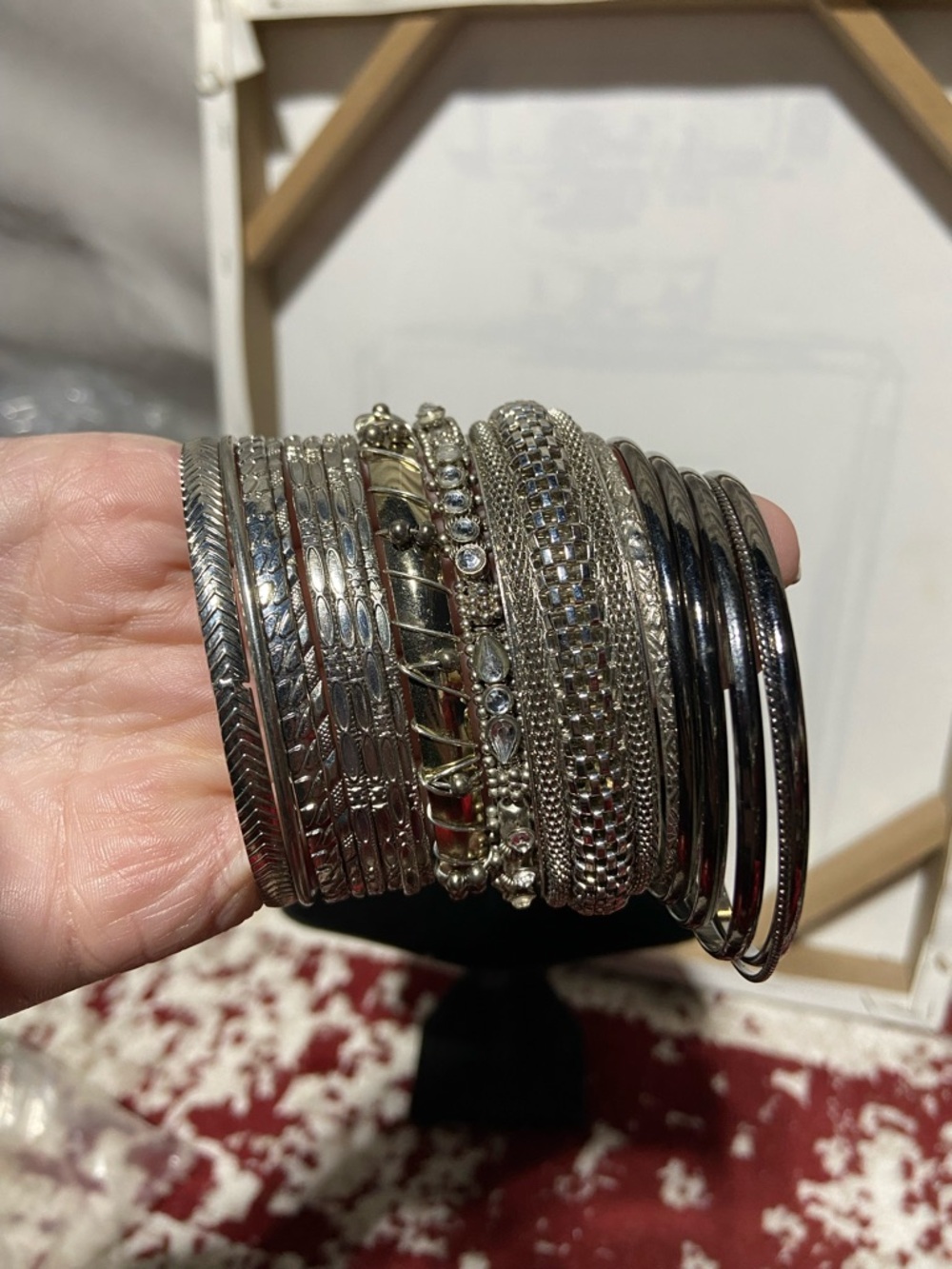17 Silver-Tone and Black Bangle Bracelet Set - Classic Women's Jewelry